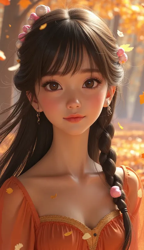 A beautiful young girl in an enchanting fantasy landscape, delicate archaic smile, long flowing hair, detailed facial features, elegant anime-inspired dress, autumn leaves swirling around her, intricate fantasy background with magical elements, (best quali...