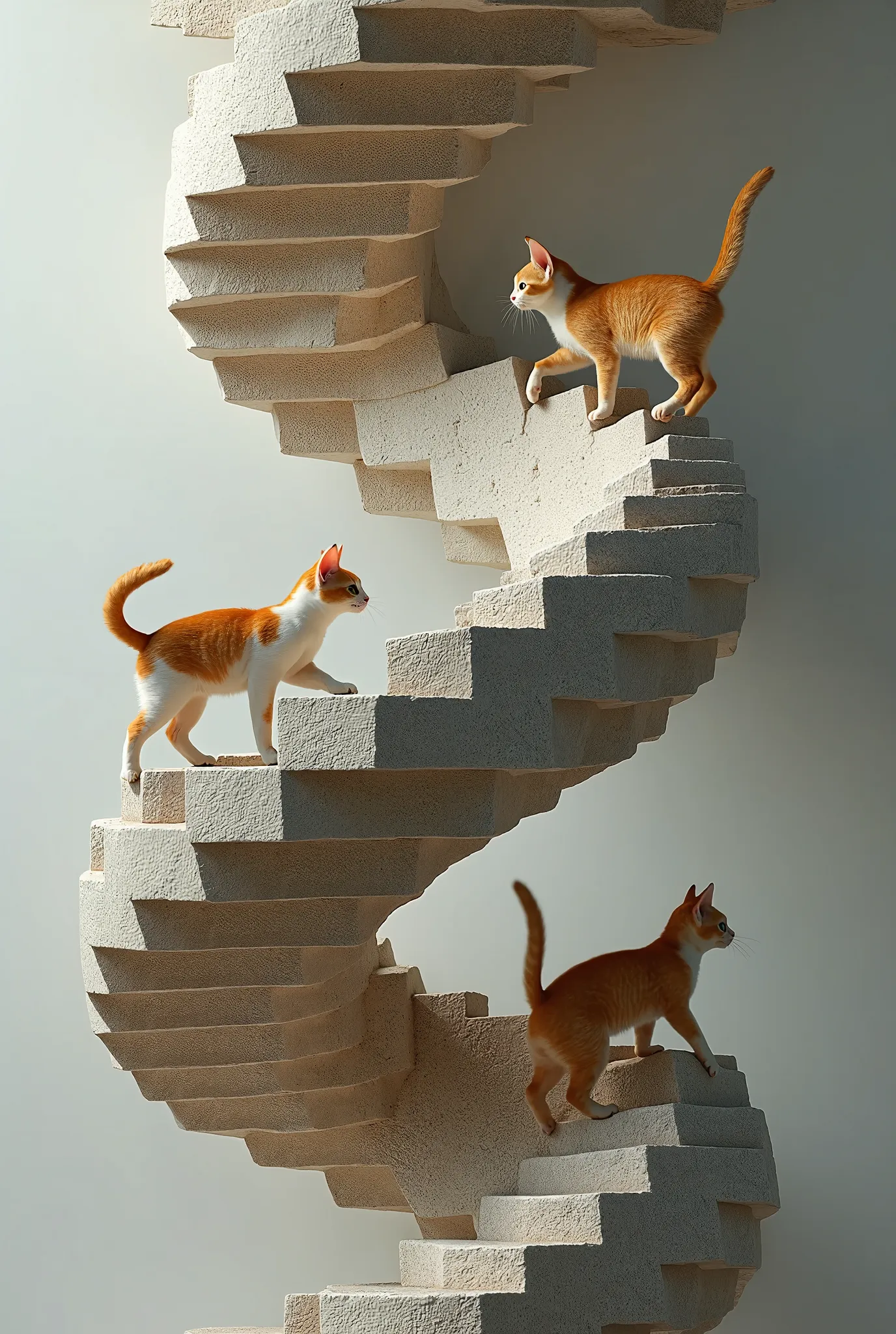 Penrose stairs made of very realistic stone, with cute cats happily walking on them, simple background