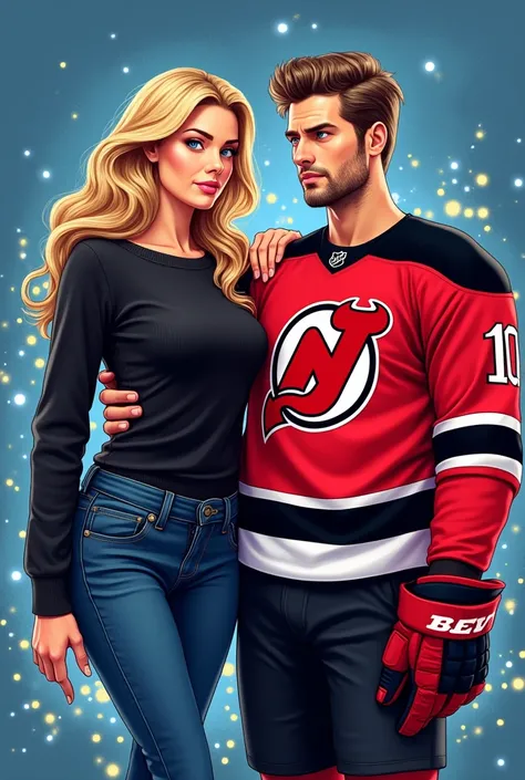 2D illustrated image of a handsome NHL New Jersey Devils player and a blonde woman wearing a black sweater and jean pants and a blue background with white and yellow sparkles 