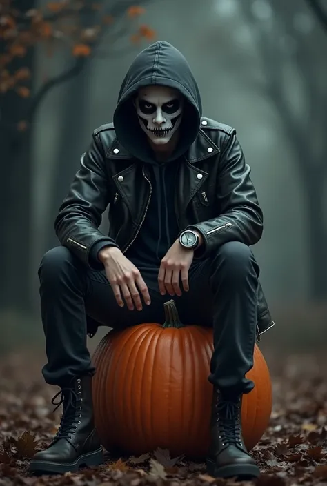 A 19-year-old boy with skeleton makeup on his face, he is wearing a hoody and leather jacket, with boots, he is sitting on a pumpkin, let the image look realistic