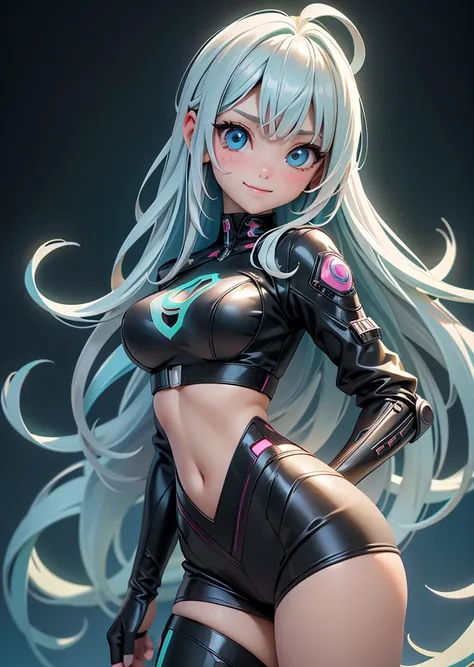 (masterpiece, highest quality, highest quality, Official Art, beautifully、aesthetic:1.2),Cowboy Shot、 (Cyberpunk fashion girl 1)、Smiling Girl、Big light blue eyes、Beautiful belly、（Long silver hair with bangs）、Green neon color、Very detailed,(Fractal Art:1.3)...