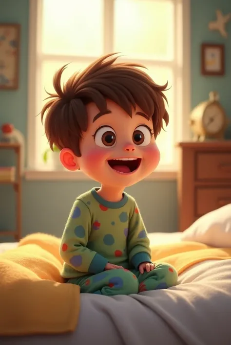  as a Pixar cartoon , Draw Milo , A 10 year old boy, wearing pajamas.  Milo is waking up very excited