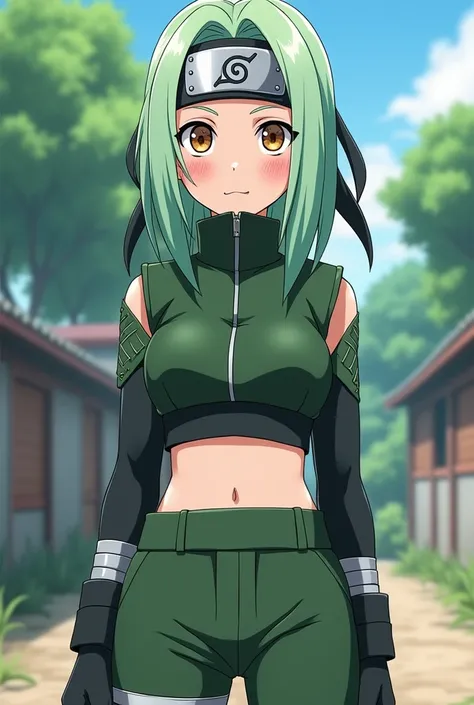 A 17-year-old girl from the anime Naruto who has mint green hair.  And a two-piece ninja costume .  and is a ninja and uses a ninja band from Leaf Village like Naruto. Be very pale white . light brown eyes.  that can be seen from head to toe 