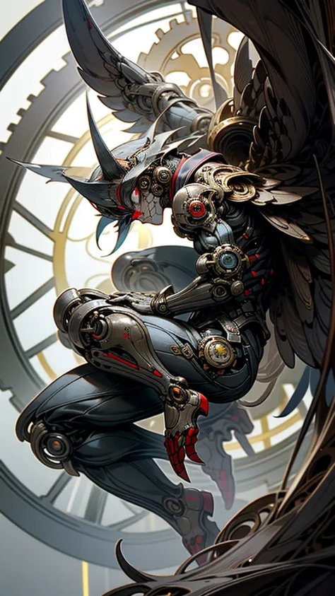 man,robot, ciborg, (Spiderman), half machine, Ultron, robotic wings, (gears), (steampunk), one-eyed, Red eye, robotic wings,(alas de owl), robot, human, owl, role character, nuchaku cone main weapon