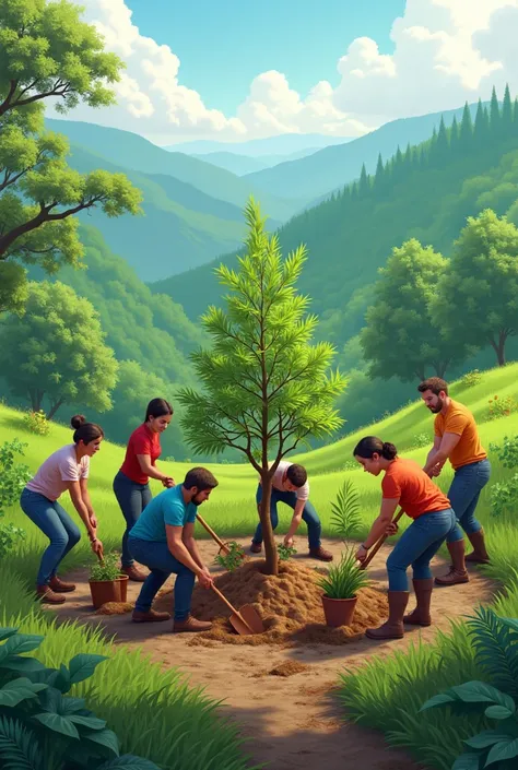 Draw a picture of a cooperative planting trees or carrying out a sustainable reforestation activity, symbolizing their commitment to environmental sustainability