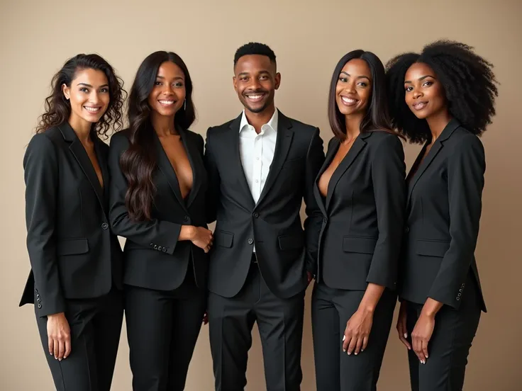 a photography of five women wearing beautiful suit and an one man wearing suit, standing. togetherness feel