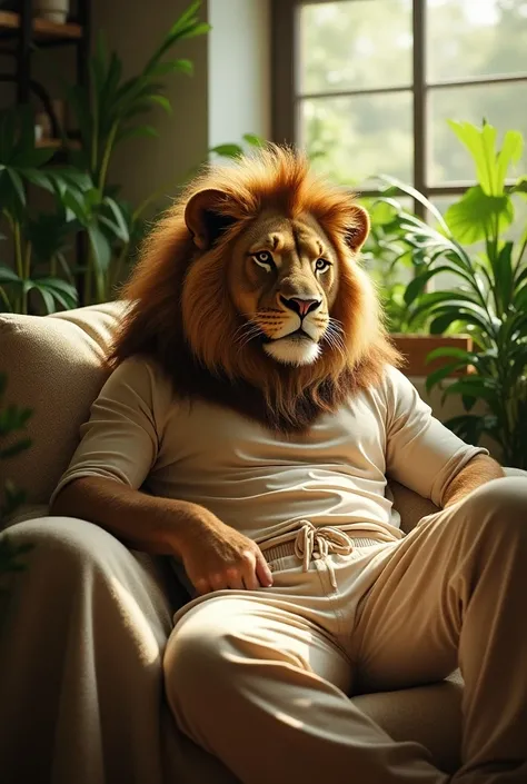 (photorealism:1.2), beautiful lion sitting on bed, wearing loose off-shoulder top, pajama pants, long curly hair, indoors, soft lighting, plants in background, window with sunlight, cozy room, relaxed pose, realistic, intricate details, warm colors, by Gre...