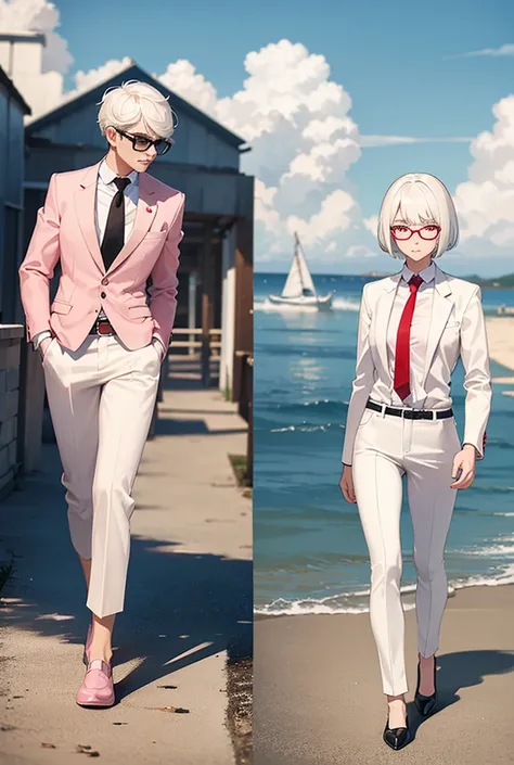 A girl,  white hair ,  short hair, fringe,  pink eyes , Serious, Tuxedo Blanco , red tie, white pants, shoes, black glasses, from one side, walking on the beach, Cloudy day.