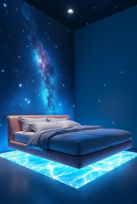 “An ultimate space bed made of cosmic gold encrusted with gemstones from exoplanets, resting on a pure quartz crystal platform surrounded by a blue celestial glow. A holographic ceiling displays moving images of distant galaxies, while miniature comets fly...