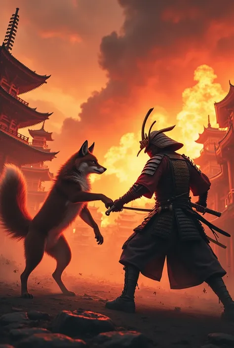 Japanese fox: Fight against Samurai wearing a mask with battle armor, Japan fire day background 