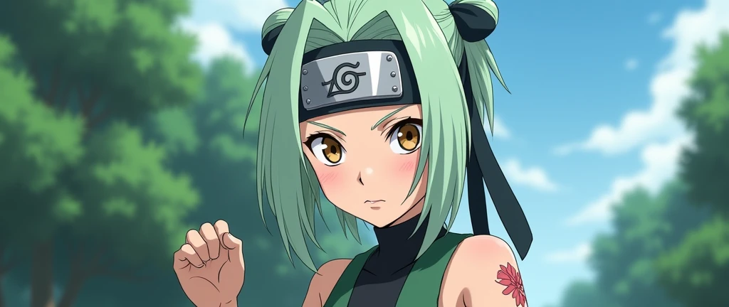 A 17-year-old girl from the anime Naruto who has mint green hair.  And a two-piece ninja costume .  and is a ninja and uses a ninja band from Leaf Village like Naruto. Be very pale white . light brown eyes.  that can be seen from head to toe 