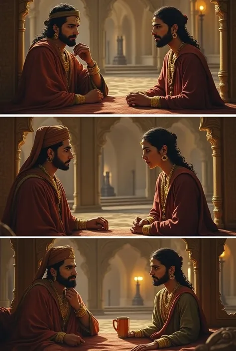 1. Scene 1 - Akbar asks Birbal in the royal court, “Tell me about a sweet poison.” Birbal appears thoughtful, with the luxurious court as the backdrop.


2. Scene 2 - The queen compliments Akbar, saying, “Maharaj, you are the greatest,” while Birbal watche...