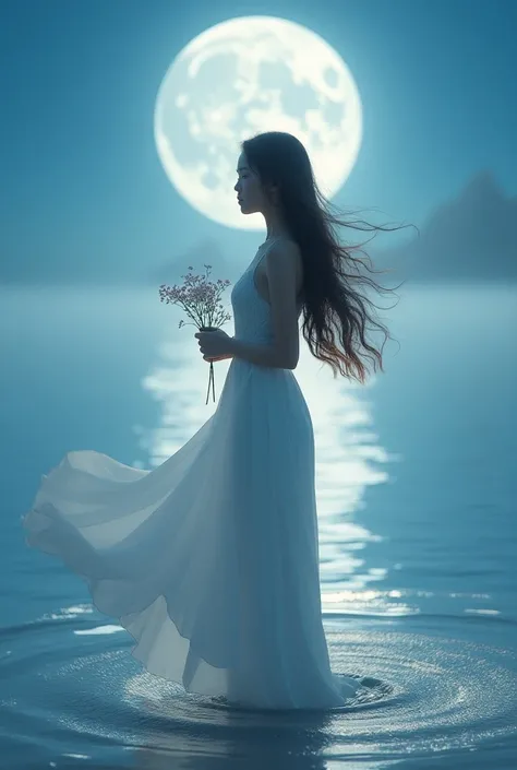 Beautiful girl with long hair, white dress, flower, sea, moon 