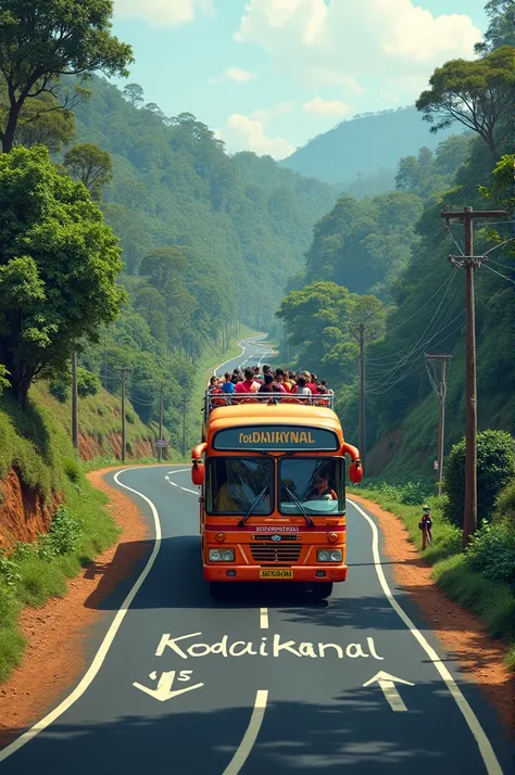 a tourist bus is running trough the road of ootty,kerala.
with text in the road:Kodaikkanal
NOV 19,20,21
St.Augustine’s Hs Peringulam