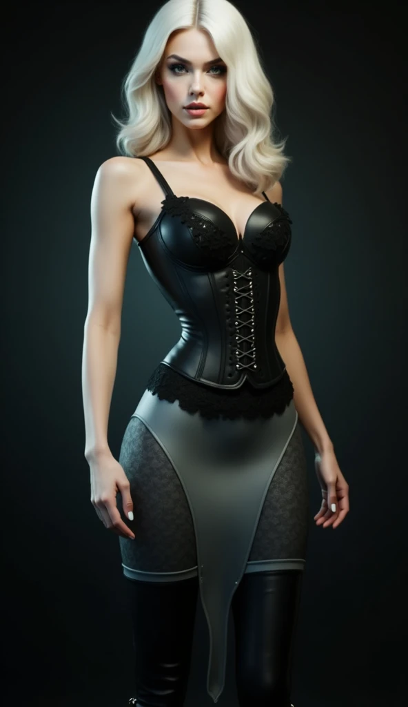  Attractive Caucasian woman dressed in a latex and lycra catsuit with dark lace details and a Victorian corset (with lace-up closure ),  dark leather womens boots and gray lace pencil skirt ., combined with women very feminine bag.