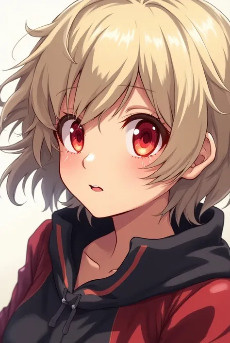 A young girl with light dark skin , ash blonde hair, red eyes,  Boku no hero academic drawing style 