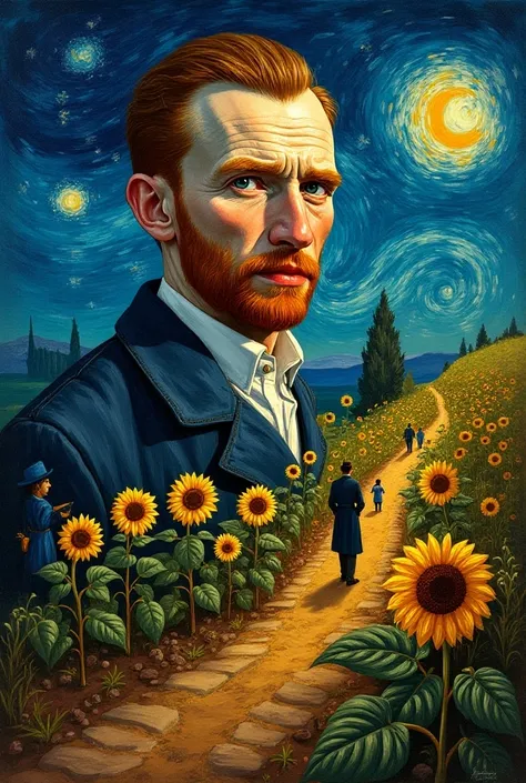 Generate a vertical image of the life of the famous painter Van Gogh showing me the process he had to go through to become famous
