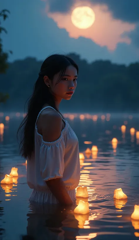 beautiful detailed girl with long hair, floating lanterns, enchanting night sky, full moon, glowing lights, serene lake, colorful reflection, dramatic lighting, atmospheric, cinematic, highly detailed, intricate, vivid, photorealistic, masterpiece, (best q...