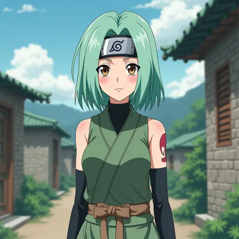 A 17-year-old girl from the anime Naruto who has mint green hair.  And a two-piece ninja costume .  and is a ninja and uses a ninja band from Leaf Village like Naruto. Be very pale white . light brown eyes.  that can be seen from head to toe 