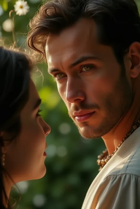 Close up picture of the guy while looking at the girl in the garden of verona. And the his eyes is giving full of assurance 