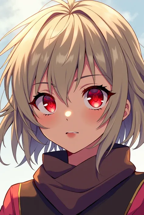 A young girl with light dark skin , ash blonde hair, red eyes,  Boku no hero academic drawing style 