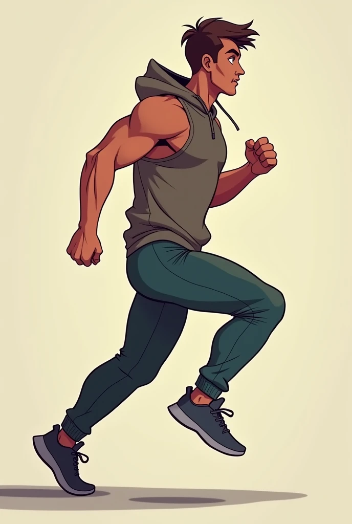 seen in profile from head to toe in an animated webtoon style a tall muscular man wearing jogging pants with a hoodie on his head. He has his left leg bending with his knees forward his foot is firmly supported on the ground while that his right leg is str...