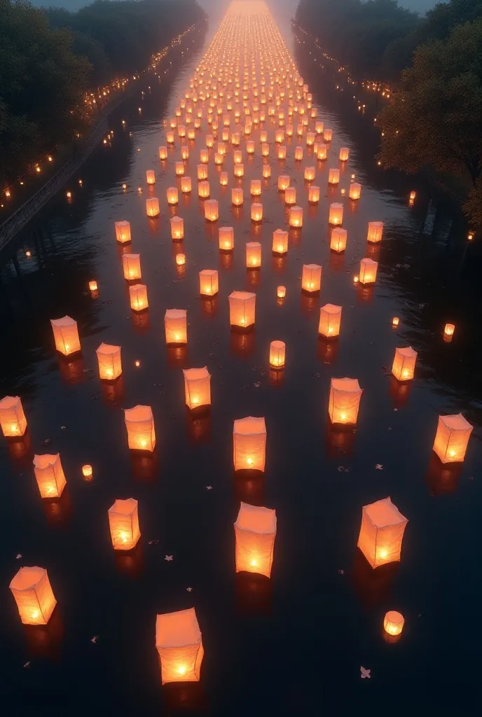 ((masterpiece, highest quality, Highest image quality, High resolution, photorealistic, Raw photo, Extremely detailed CG unified 8k wallpaper)), Floating Lanterns, view from above, 