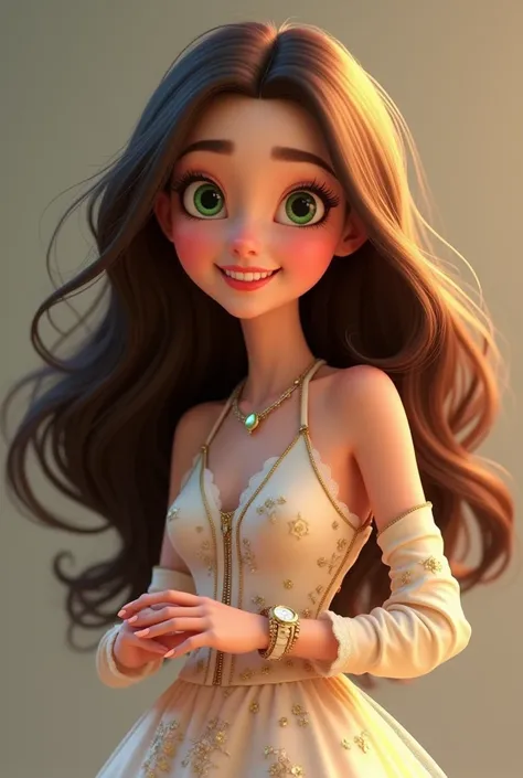  A 3D Pixar style her hair is long and wavy ,  with a dark brown tone that gains golden reflections and on the light . Your eyes are expressive, She expresses joy in a deep green tone from the angle and the light she is dressed in a white floral dress with...