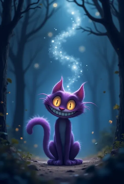 anime, Cheshire cat disappearing like smoke and only the smile standing out,  Wonderland the most realistic night