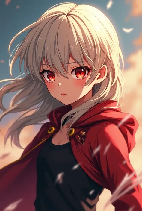 A young girl with light dark skin , long ash-blond hair, red eyes,  Boku no hero academic drawing style 