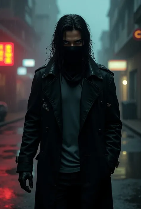 A 24-year-old mercenary ,  with penetrating white eyes and long, disheveled hair that peeks out from his completely black fabric mask ,  which completely covers his face ,  leaving nothing in sight .  Wear a tight and elegant black trench coat , on a gray ...