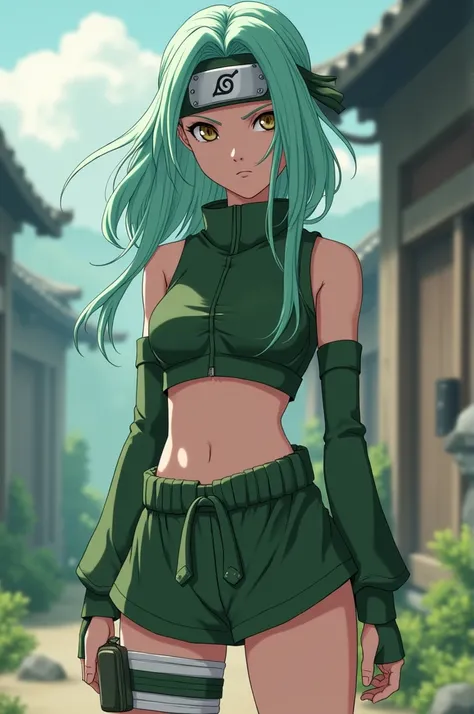  A girl from the Naruto anime who has mint green hair .  And a two-piece ninja costume .  and is a ninja and uses a ninja band from Leaf Village like Naruto. Be very pale white . light brown eyes. 