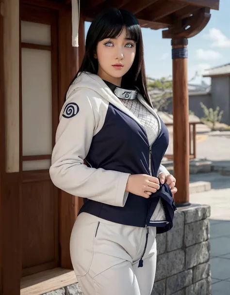 Beautiful a close up of a woman in a white jacket and white pants, hinata hyuga, hinata hyuga from naruto, inspired by Koson Ohara, girl cosplay, cosplay, from naruto, girl in real life, kotegawa yui, realistic cosplay, ayaka cosplay, masayoshi suto and ar...