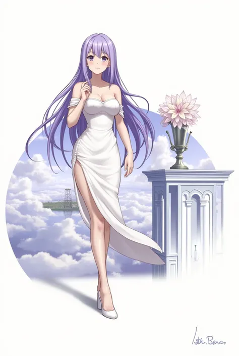    High Resolution ,  model,   Masterpieces ,  high-profile room,  Realistic Textures, 1 young woman, big breasts,Long hair,Light purple,  Live on the top floor tower above the clouds, ((White Off-the-Shoulder Dress,high-heels, high-profile room, ))