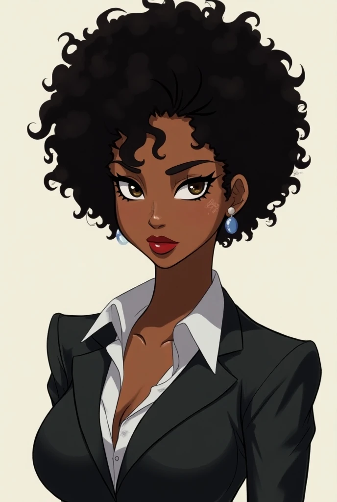 A female character with short, curly afro hair, exuding a strong and confident presence. She has a serious expression, almost stern, yet with a subtle charm. Shes dressed in a formal institutional outfit, stylish and professional. Her makeup is minimal, wi...