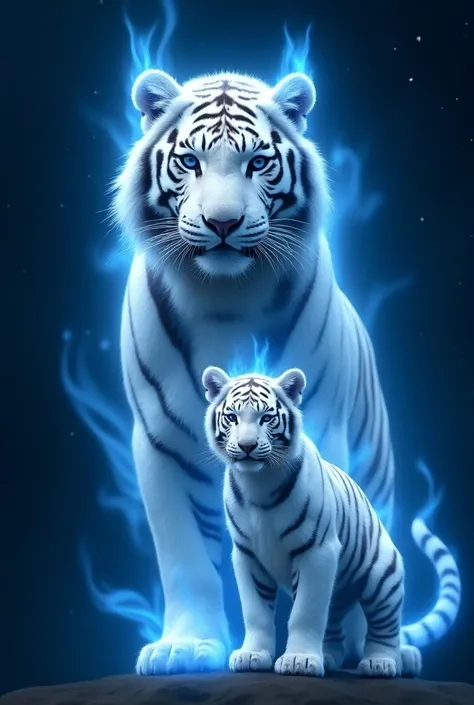 
"Create an image of a majestic white tiger in a biblical, ethereal setting, with deep blue and dark blue colors dominating the scene. The tiger should have blue flames gently surrounding it, symbolizing a divine or spiritual aura. On the tigers forehead, ...