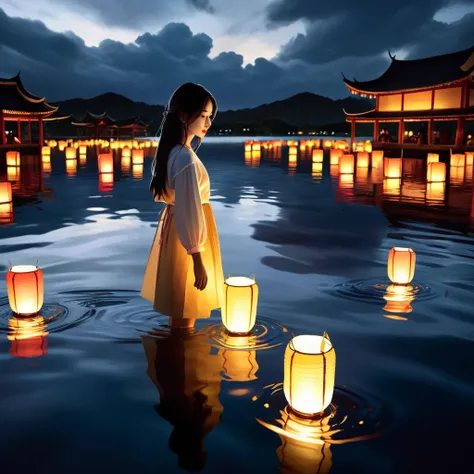 1girl,paper lanterns floating on dark water,traditional floating lantern festival,warm glowing lights,soft reflection on water,dramatic cloudy sky,detailed dramatic lighting,moody atmosphere,serene landscape,ultra-detailed,8k,highres,masterpiece:1.2,realis...