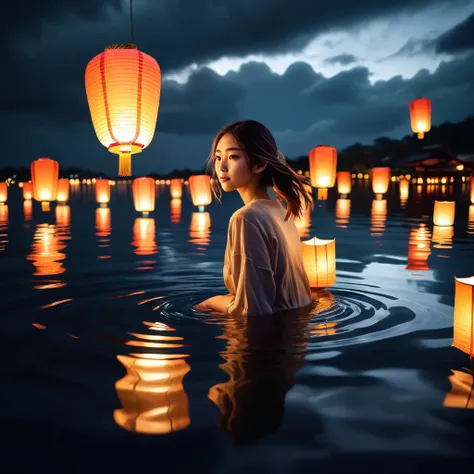 1girl,paper lanterns floating on dark water,traditional floating lantern festival,warm glowing lights,soft reflection on water,dramatic cloudy sky,detailed dramatic lighting,moody atmosphere,serene landscape,ultra-detailed,8k,highres,masterpiece:1.2,realis...