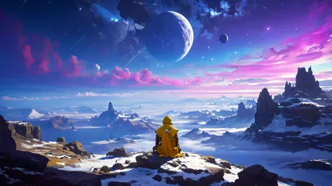 arcan3styl3v1, masterpiece, highcontrast, A jedi master with a ((yellow (old  ragged, cloak, hood, cape)) sitting on rock meditating, Little medallion in his back with yin yang symbol, top of the mountain, clouds, top view,  star wars landscape.  yellow cl...