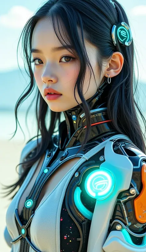 Ultra Realistic Photography，A long-haired, half-human, half-robotic girl