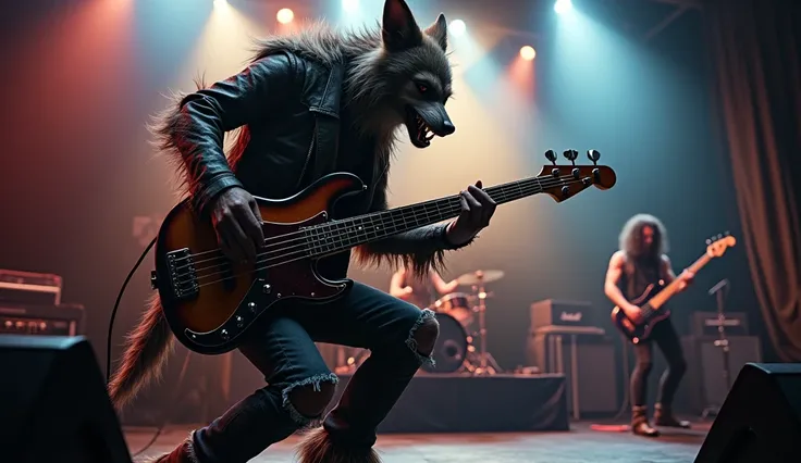 Realistic bass player werewolf in concert 