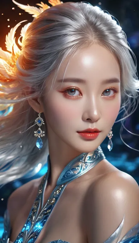 masterpiece, formal art, beauty, beautiful chinese woman, silver hair, phoenix maiden, beautiful fair-skinned woman with magic water around her, realistic illustration, glowing, (best quality,4k,8k,highres,masterpiece:1.2),ultra-detailed,(realistic,photore...