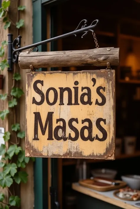  Wooden sign that says: "Sonias Masas "