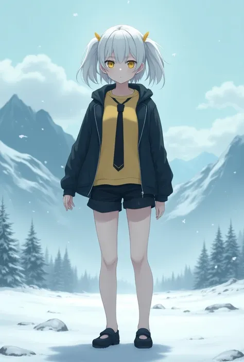 anime style, female character with short white hair in two side pigtails, yellow eyes with a neutral, serious expression, fair skin, wearing a yellow t-shirt, black jacket, black tie, black shorts, black high heels, height 1.80m, standing on open plains wi...