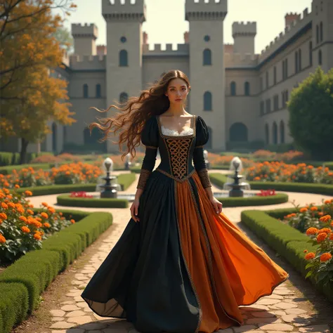 Women with brown hair in a black and orange Tudor style dress walking in the gardens of the castle