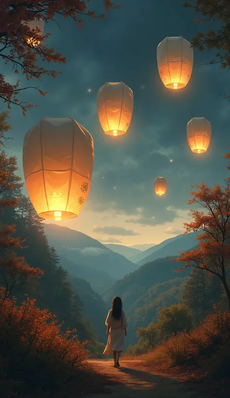 Floating Lanterns、 Fantasy、anime、autumn