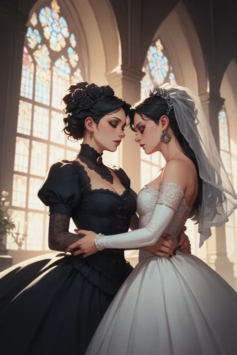 A lesbian wedding in a gothic cathedral with the brides wearing steampunk wedding dresses