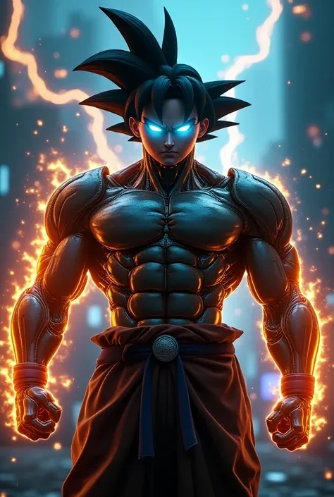 stunning realistic octane render, hiperrealistic, cgi, agressive details goku self transform to a legendary cyborg marvel super warrior, epic, yellow neon lighting eyes, big muscles,  excessively real textures, full dynamic action, best quality vfx, impres...