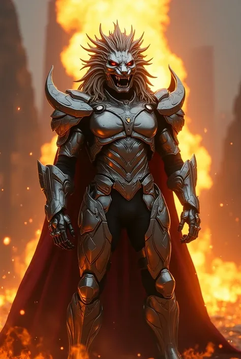 evil silver and gold power ranger, mmpr style, in front of a fire, saudi futuristic warrior inspired by Noriyoshi Ohrai, pacific rim jaeger, fierce lion faced helmet with sharp teeth and mane