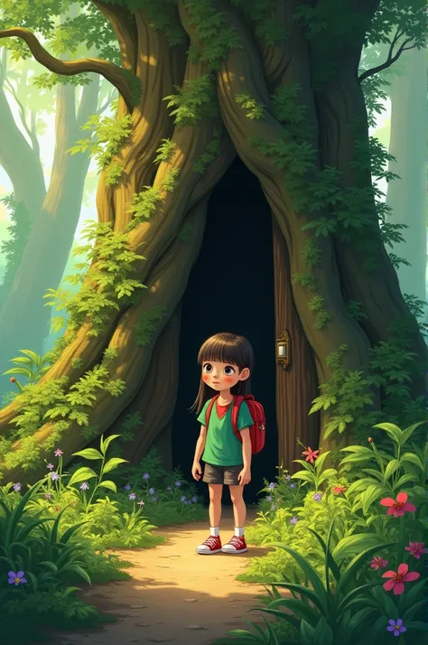 a girl with straight, long hair that reaches her waist ,  white with water-green eye freckles wearing a red backpack and green shirt with a red collar seeing a door hidden in a tree in a forest 